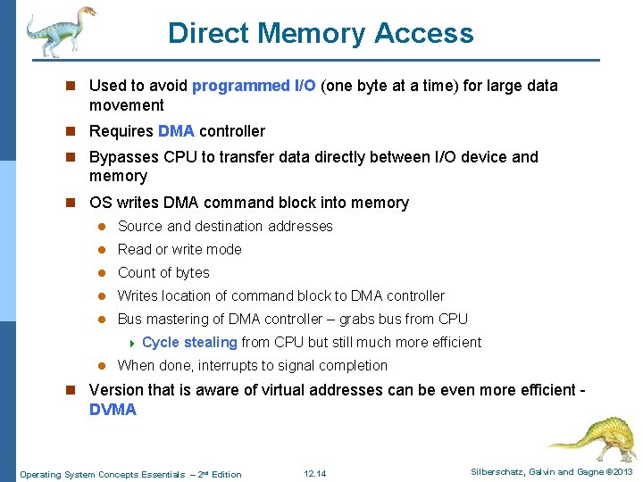 Direct Memory Access n Used to avoid programmed I/O (one byte at a time)