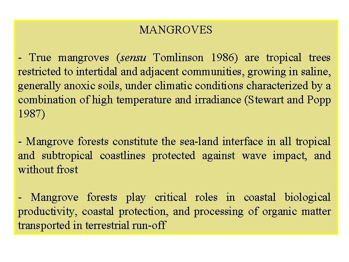 MANGROVES - True mangroves (sensu Tomlinson 1986) are tropical trees restricted to intertidal and