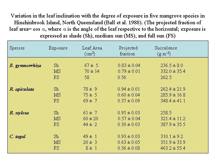 Variation in the leaf inclination with the degree of exposure in five mangrove species