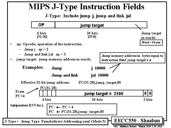MIPS J-Type Instruction Fields J-Type: Include jump j, jump and link jal OP jump