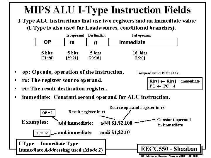 MIPS ALU I-Type Instruction Fields I-Type ALU instructions that use two registers and an