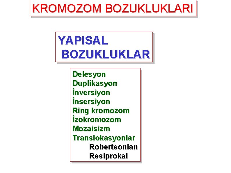 KROMOZOM BOZUKLUKLARI YAPISAL BOZUKLUKLAR Delesyon Duplikasyon İnversiyon İnsersiyon Ring kromozom İzokromozom Mozaisizm Translokasyonlar Robertsonian