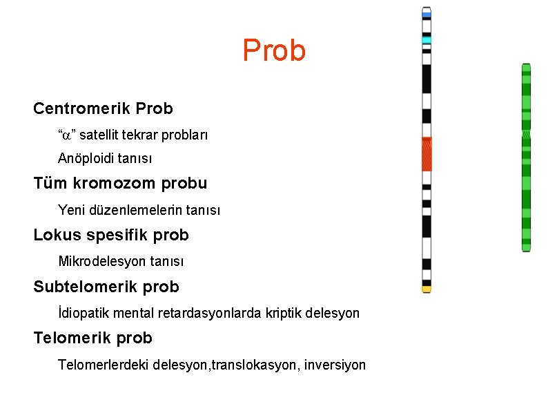 Prob Centromerik Prob “a” satellit tekrar probları Anöploidi tanısı Tüm kromozom probu Yeni düzenlemelerin