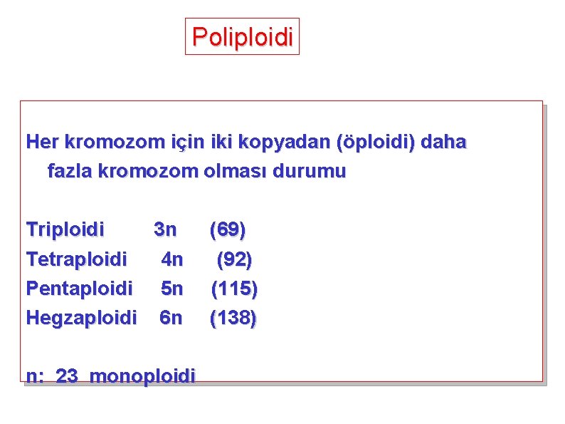 Poliploidi Her kromozom için iki kopyadan (öploidi) daha fazla kromozom olması durumu Triploidi 3