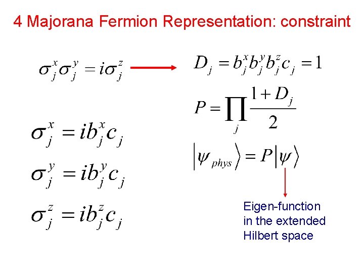 4 Majorana Fermion Representation: constraint Eigen-function in the extended Hilbert space 