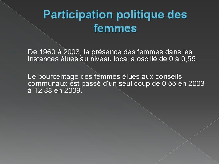 Participation politique des femmes De 1960 à 2003, la présence des femmes dans les