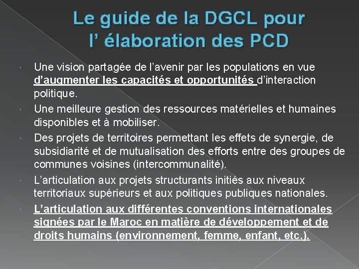 Le guide de la DGCL pour l’ élaboration des PCD Une vision partagée de