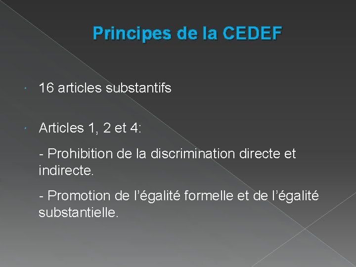 Principes de la CEDEF 16 articles substantifs Articles 1, 2 et 4: - Prohibition