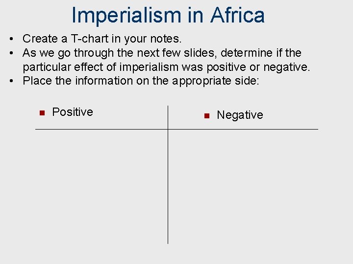 Imperialism in Africa • Create a T-chart in your notes. • As we go