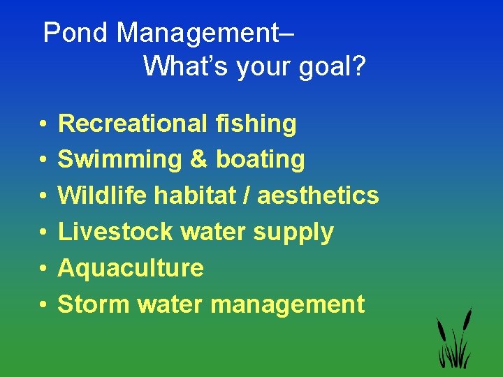 Pond Management– What’s your goal? • • • Recreational fishing Swimming & boating Wildlife