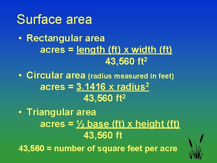 Surface area • Rectangular area acres = length (ft) x width (ft) 43, 560