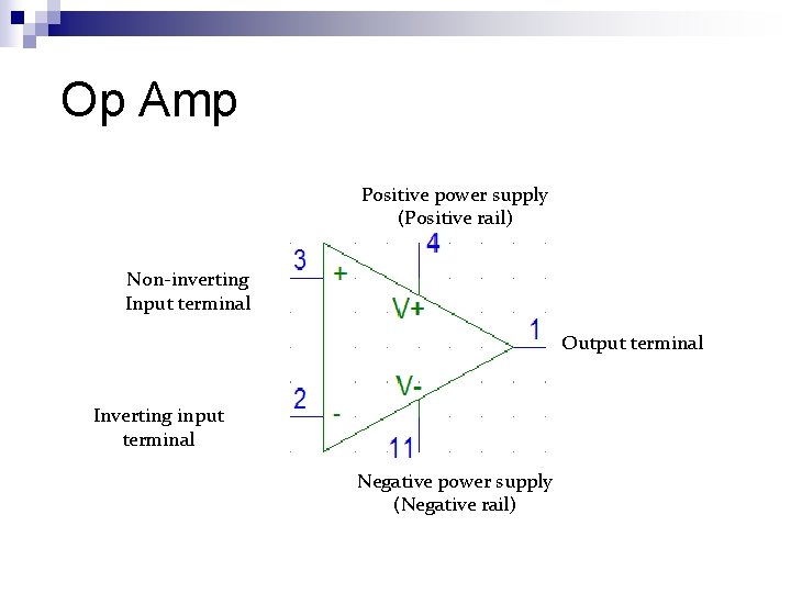 Op Amp Positive power supply (Positive rail) Non-inverting Input terminal Output terminal Inverting input