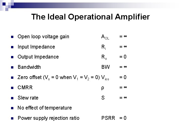 The Ideal Operational Amplifier n Open loop voltage gain AOL =∞ n Input Impedance