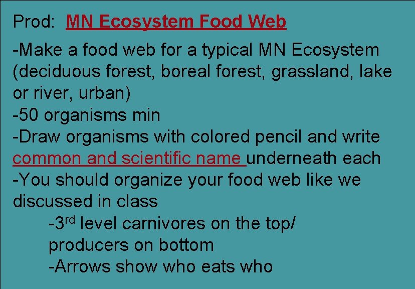 Prod: MN Ecosystem Food Web -Make a food web for a typical MN Ecosystem