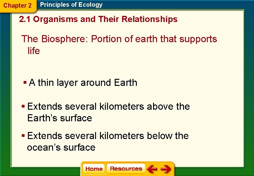 Chapter 2 Principles of Ecology 2. 1 Organisms and Their Relationships The Biosphere: Portion