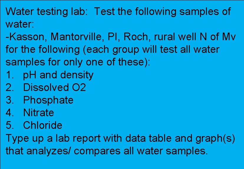 Water testing lab: Test the following samples of water: -Kasson, Mantorville, PI, Roch, rural