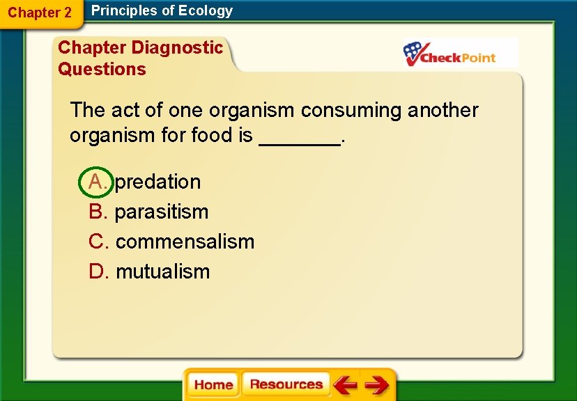 Chapter 2 Principles of Ecology Chapter Diagnostic Questions The act of one organism consuming