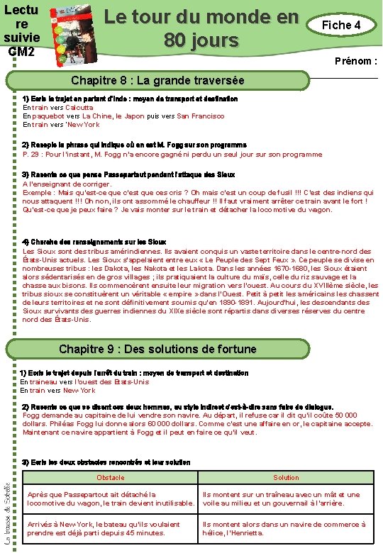 Lectu re suivie CM 2 Le tour du monde en 80 jours Chapitre 8