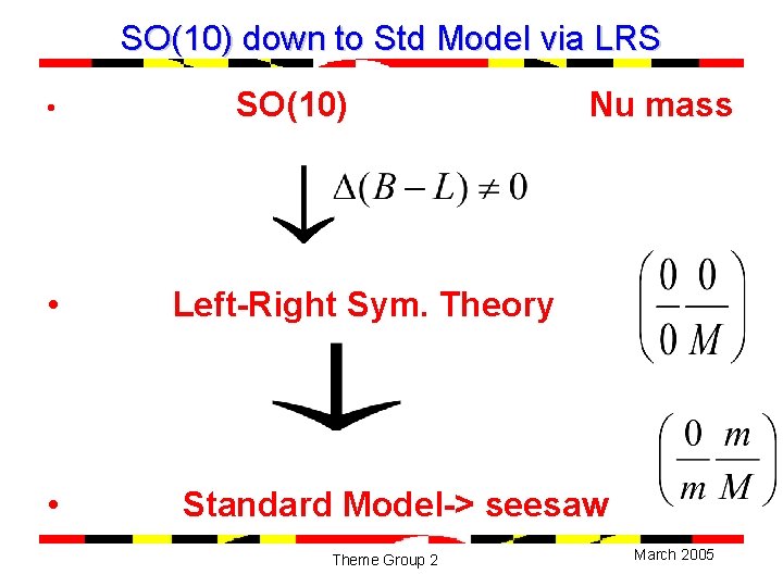 SO(10) down to Std Model via LRS • SO(10) Nu mass • Left-Right Sym.