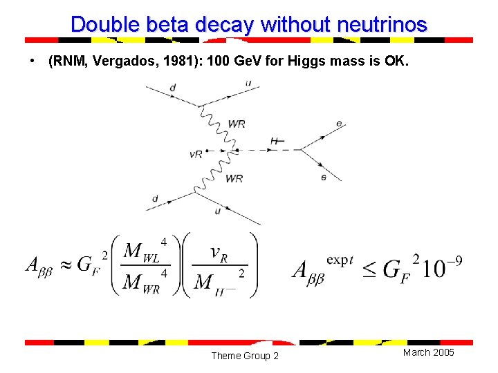 Double beta decay without neutrinos • (RNM, Vergados, 1981): 100 Ge. V for Higgs