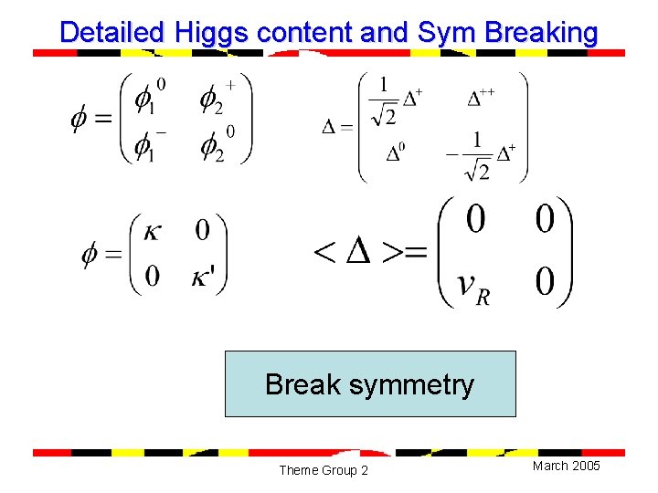 Detailed Higgs content and Sym Breaking Break symmetry Theme Group 2 March 2005 