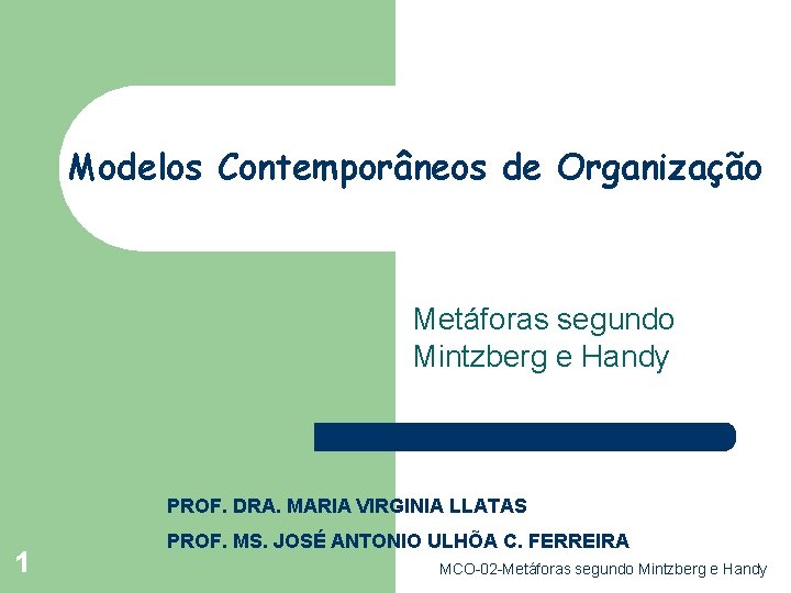 Modelos Contemporâneos de Organização Metáforas segundo Mintzberg e Handy PROF. DRA. MARIA VIRGINIA LLATAS