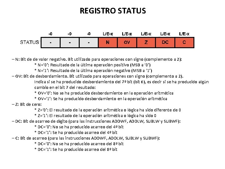 REGISTRO STATUS – N: Bit de de valor negativo. Bit utilizado para operaciones con