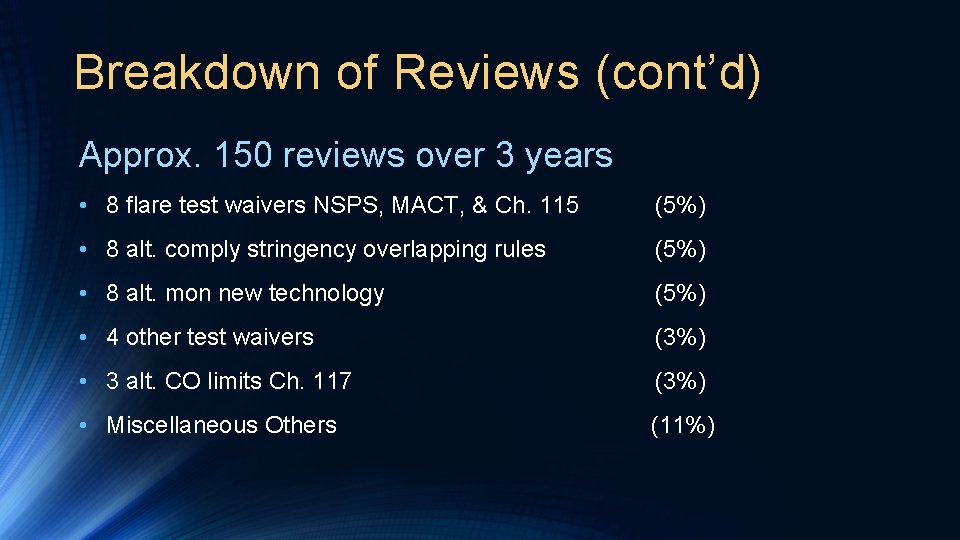 Breakdown of Reviews (cont’d) Approx. 150 reviews over 3 years • 8 flare test