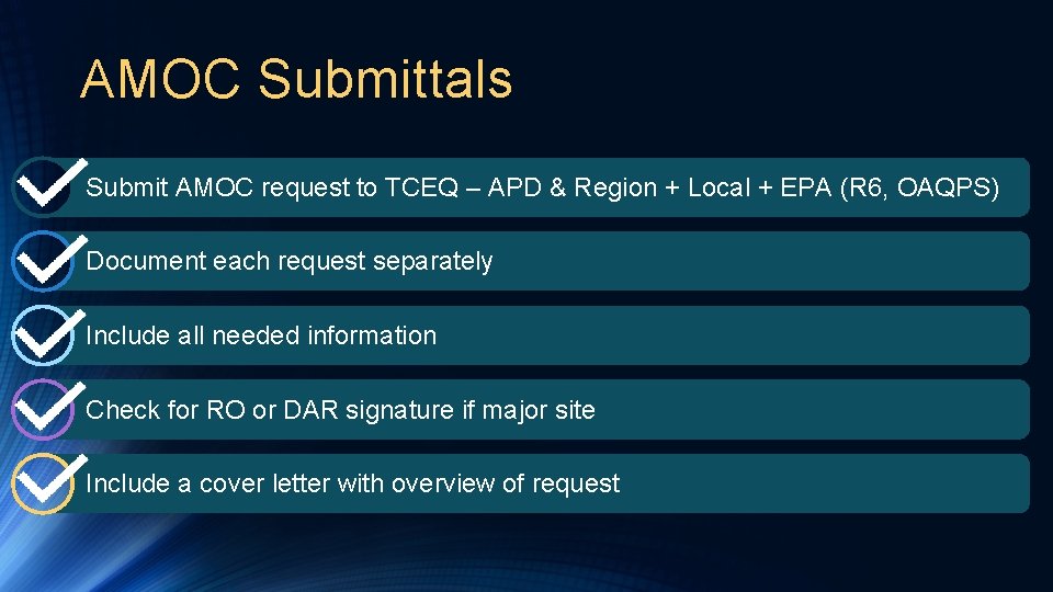 AMOC Submittals Submit AMOC request to TCEQ – APD & Region + Local +