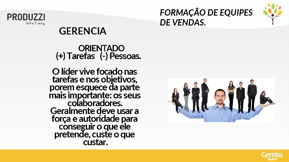 GERENCIA ORIENTADO (+) Tarefas (-) Pessoas. O líder vive focado nas tarefas e nos