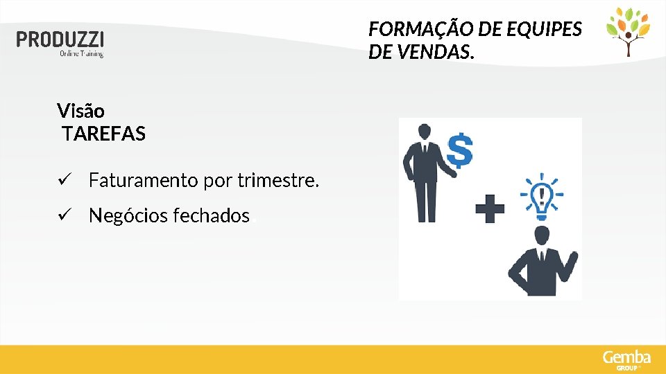 FORMAÇÃO DE EQUIPES DE VENDAS. Visão TAREFAS ü Faturamento por trimestre. ü Negócios fechados