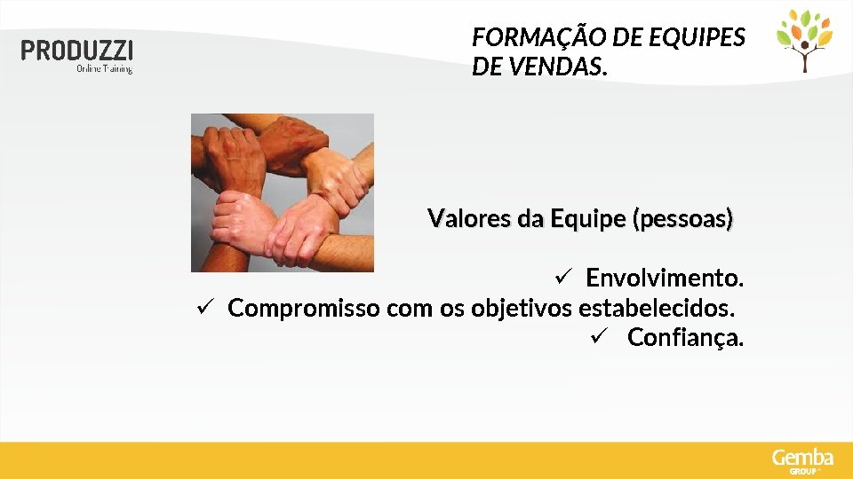 FORMAÇÃO DE EQUIPES DE VENDAS. Valores da Equipe (pessoas) ü Envolvimento. ü Compromisso com