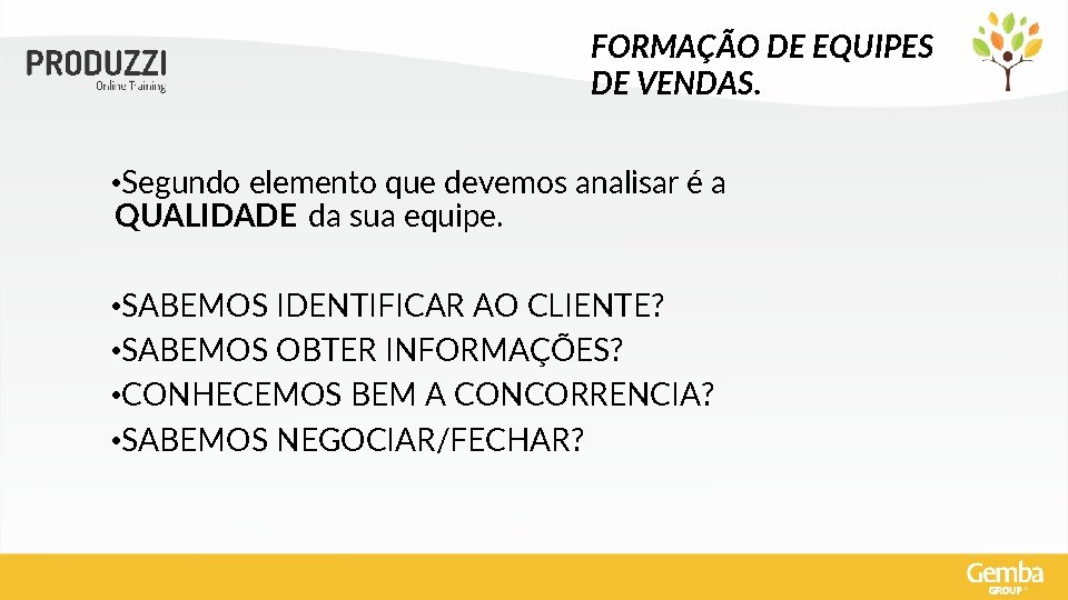 FORMAÇÃO DE EQUIPES DE VENDAS. • Segundo elemento que devemos analisar é a QUALIDADE