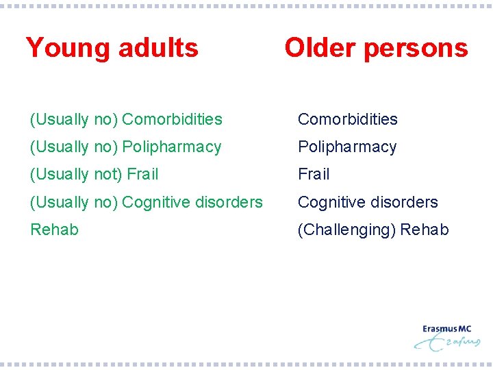 Young adults Older persons § (Usually no) Comorbidities § (Usually no) Polipharmacy § (Usually