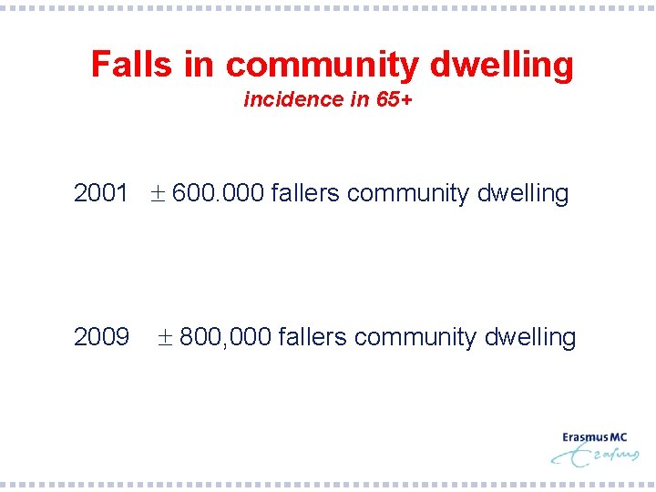 Falls in community dwelling incidence in 65+ § 2001 600. 000 fallers community dwelling
