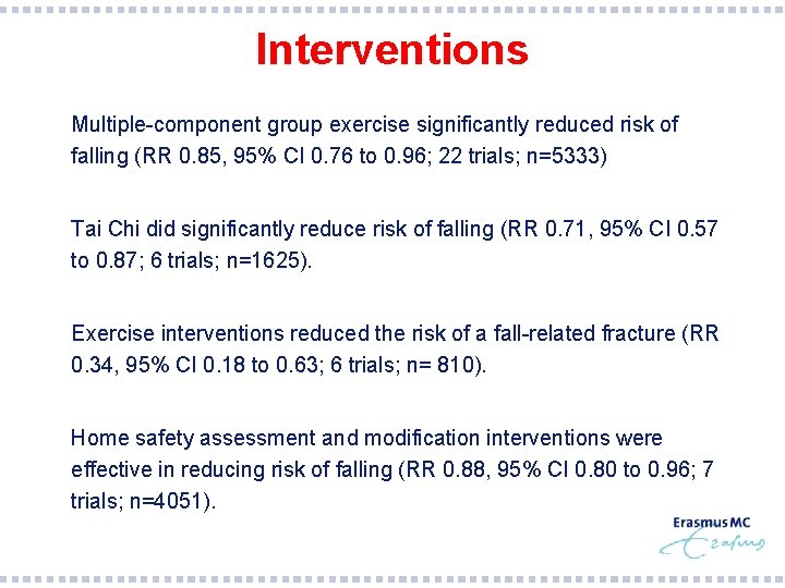 Interventions § Multiple-component group exercise significantly reduced risk of falling (RR 0. 85, 95%