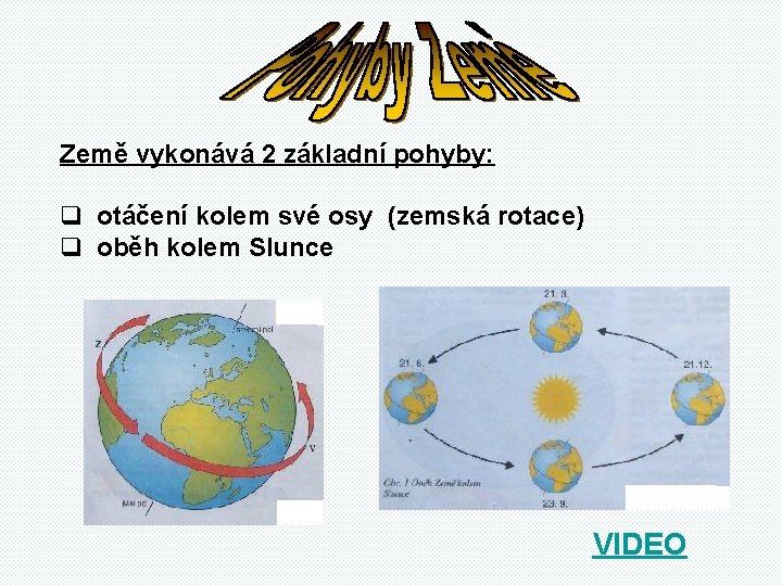 Země vykonává 2 základní pohyby: q otáčení kolem své osy (zemská rotace) q oběh