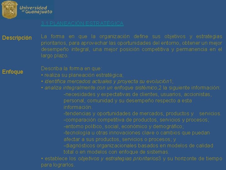 3. 1 PLANEACIÓN ESTRATÉGICA Descripción Enfoque La forma en que la organización define sus