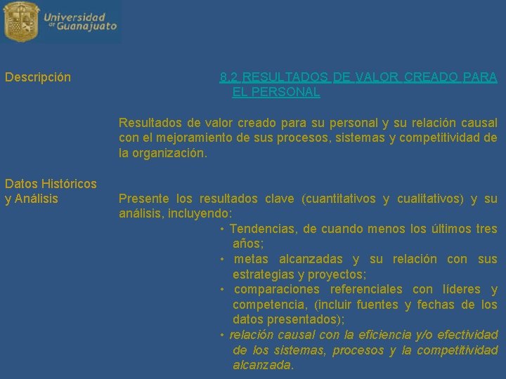 Descripción 8. 2 RESULTADOS DE VALOR CREADO PARA EL PERSONAL Resultados de valor creado