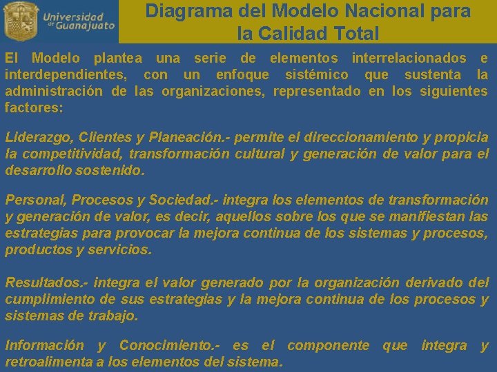 Diagrama del Modelo Nacional para la Calidad Total El Modelo plantea una serie de