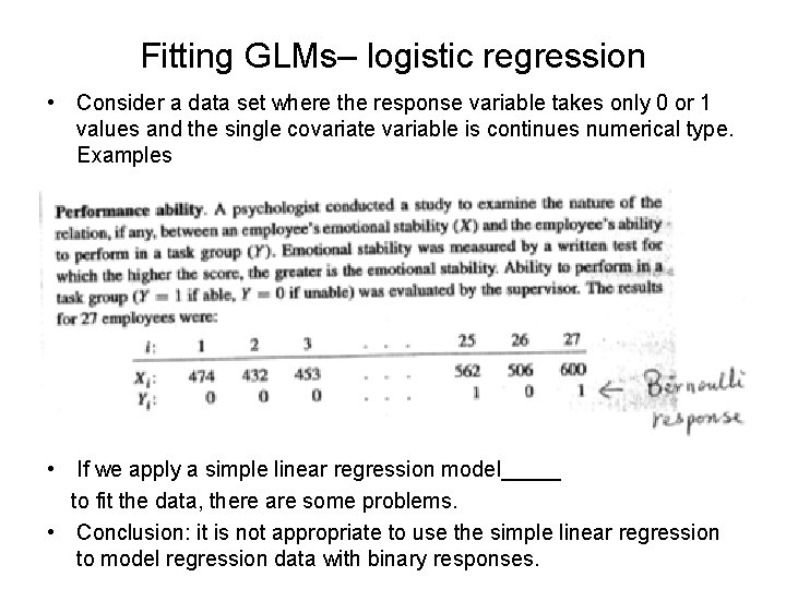 Fitting GLMs– logistic regression • Consider a data set where the response variable takes