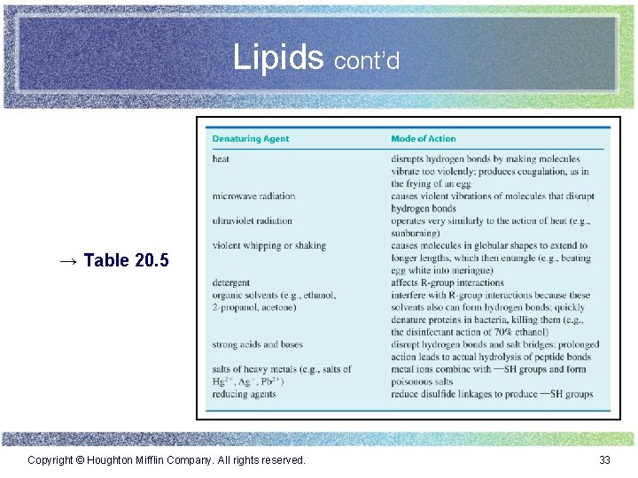 Lipids cont’d → Table 20. 5 Copyright © Houghton Mifflin Company. All rights reserved.