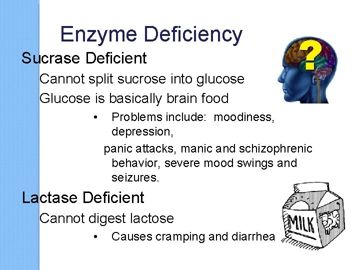 Enzyme Deficiency Sucrase Deficient Cannot split sucrose into glucose Glucose is basically brain food