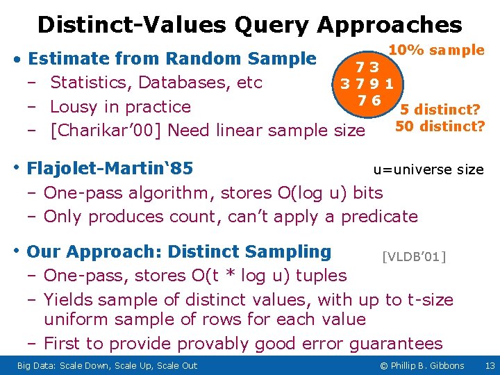 Distinct-Values Query Approaches 10% sample • Estimate from Random Sample 73 – Statistics, Databases,