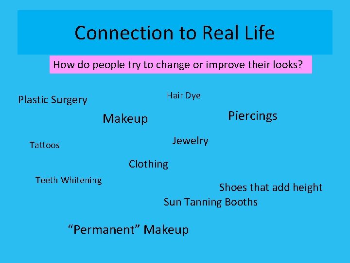 Connection to Real Life How do people try to change or improve their looks?