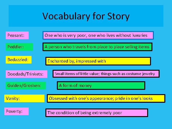 Vocabulary for Story Peasant: One who is very poor, one who lives without luxuries