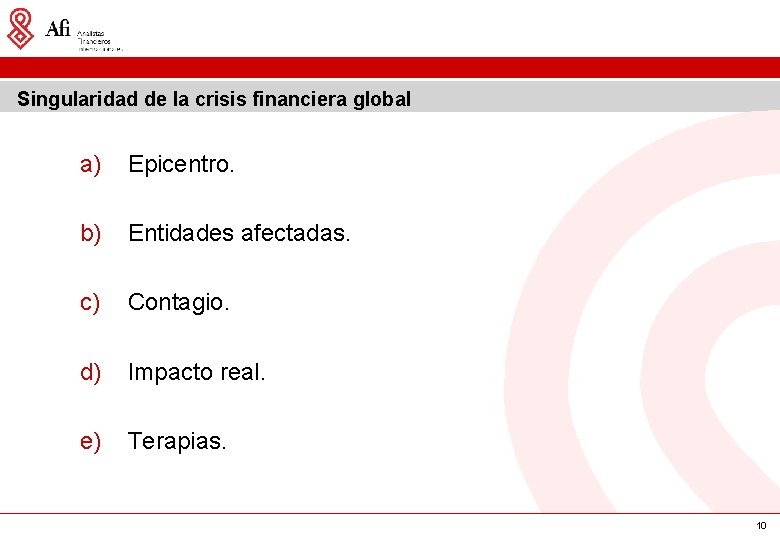 Singularidad de la crisis financiera global a) Epicentro. b) Entidades afectadas. c) Contagio. d)