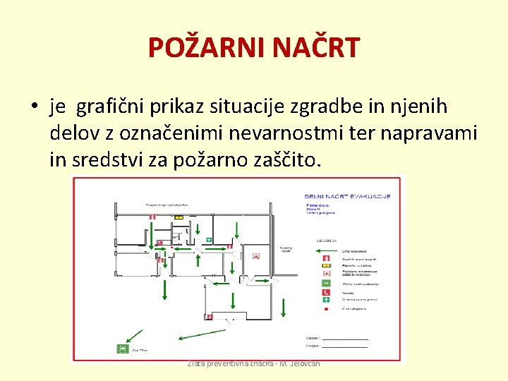 POŽARNI NAČRT • je grafični prikaz situacije zgradbe in njenih delov z označenimi nevarnostmi