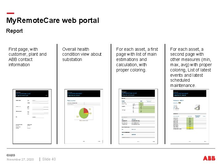 My. Remote. Care web portal Report First page, with customer, plant and ABB contact