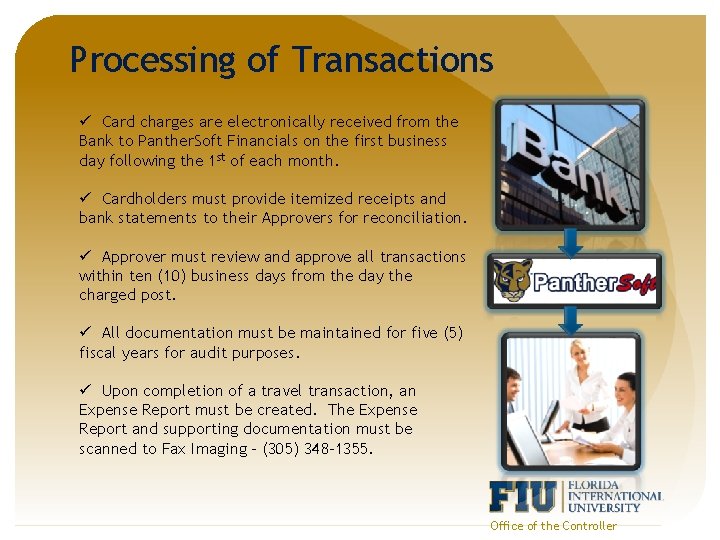 Processing of Transactions ü Card charges are electronically received from the Bank to Panther.